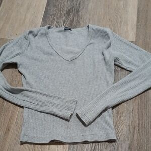 Brandy Melville Long Sleeve Ribbed V-neck In Grey - One Size